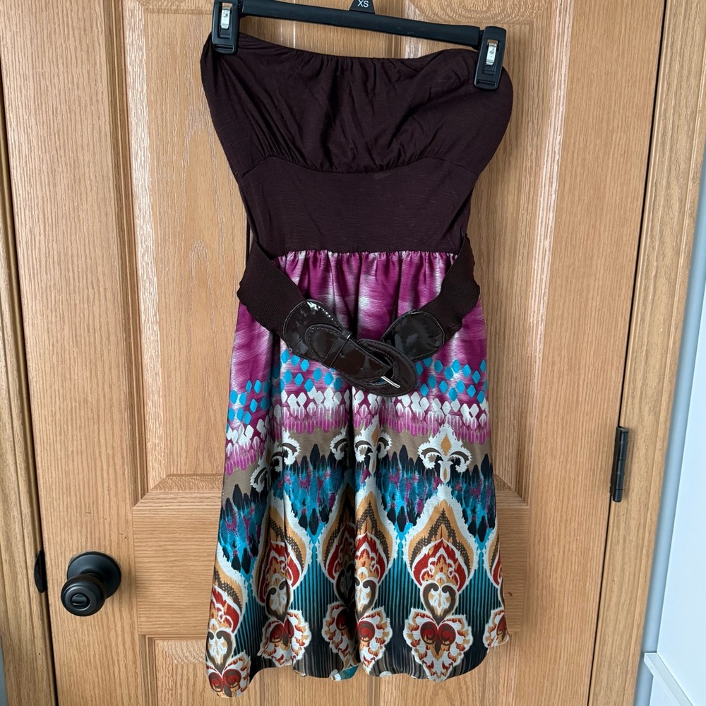 Body Central Strapless Mixed-Print Dress in Brown, Teal, Purple